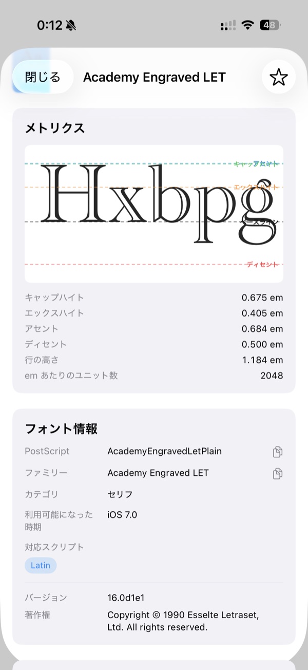 メトリクス画面：ベースライン図とフォント情報